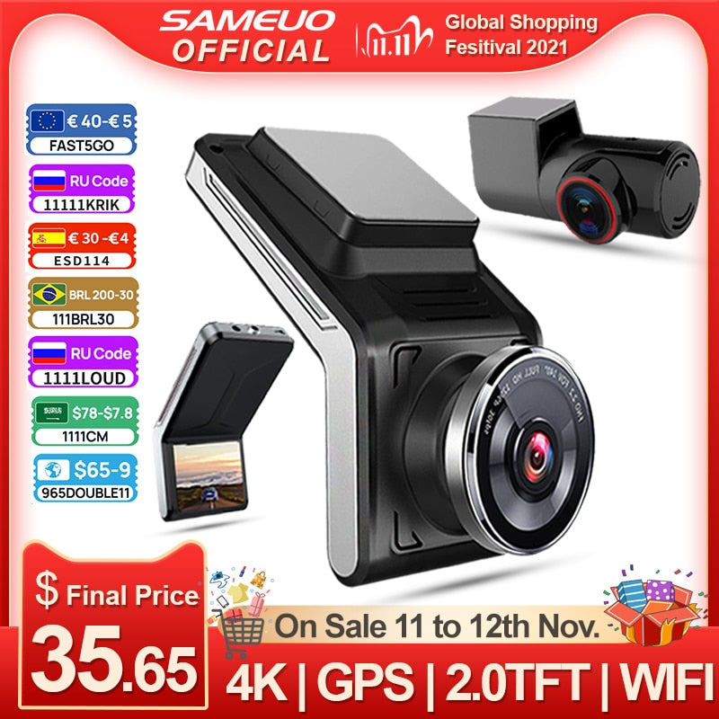 Sameuo U2000 dash cam front and rear 4k 2160P 2 camera CAR dvr wifi dashcam Video Recorder Auto Night Vision 24H Parking Monitor - Tophatter Daily Deals