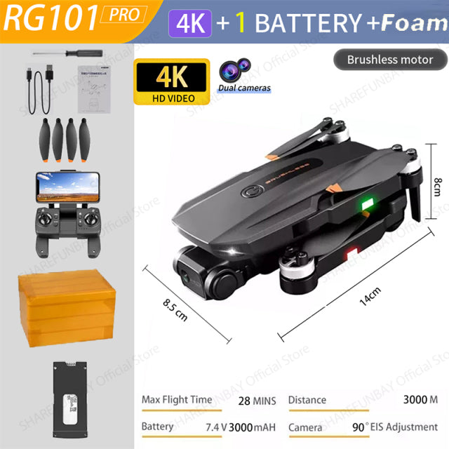 2022 NEW RG101 MAX GPS Drone 8K Professional Dual HD Camera FPV 3Km Aerial Photography Brushless Motor Foldable Quadcopter Toys RG101 PRO 4K 1B FOAM - Tophatter Daily Deals