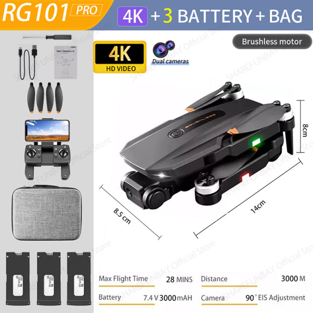 2022 NEW RG101 MAX GPS Drone 8K Professional Dual HD Camera FPV 3Km Aerial Photography Brushless Motor Foldable Quadcopter Toys RG101 PRO 4K 3B Bag - Tophatter Daily Deals
