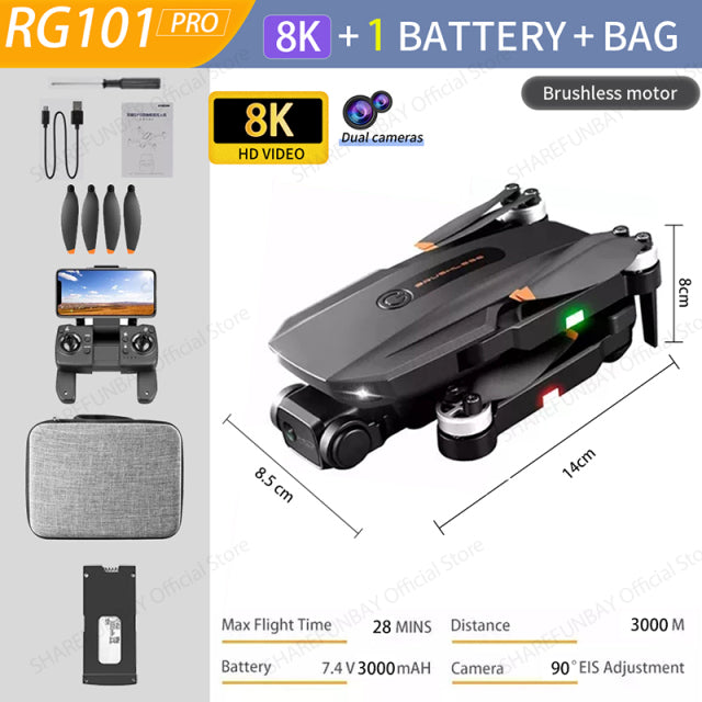 2022 NEW RG101 MAX GPS Drone 8K Professional Dual HD Camera FPV 3Km Aerial Photography Brushless Motor Foldable Quadcopter Toys RG101 PRO 8K 1B Bag - Tophatter Daily Deals
