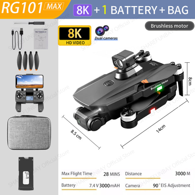 2022 NEW RG101 MAX GPS Drone 8K Professional Dual HD Camera FPV 3Km Aerial Photography Brushless Motor Foldable Quadcopter Toys RG101 MAX 8K 1B Bag - Tophatter Daily Deals