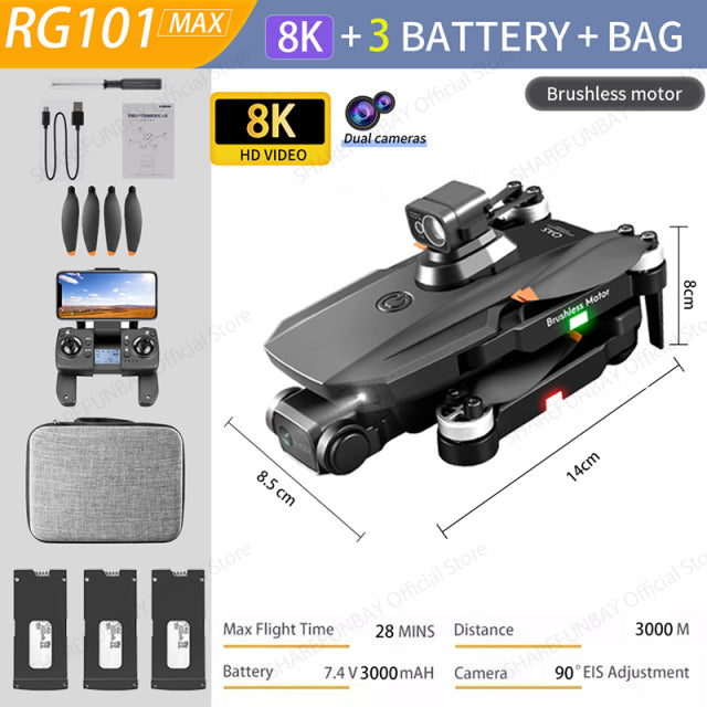 2022 NEW RG101 MAX GPS Drone 8K Professional Dual HD Camera FPV 3Km Aerial Photography Brushless Motor Foldable Quadcopter Toys RG101 MAX 8K 3B Bag - Tophatter Daily Deals