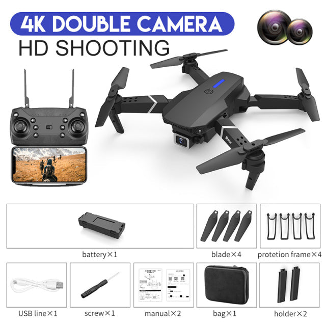 2022 NEW E88 Mini Drone 4K HD Daul Camera With Wifi FPV Portable Foldable Remote Control Drones Rc Quadcopter Camera Dron Toys Dual 4K Black - Tophatter Daily Deals