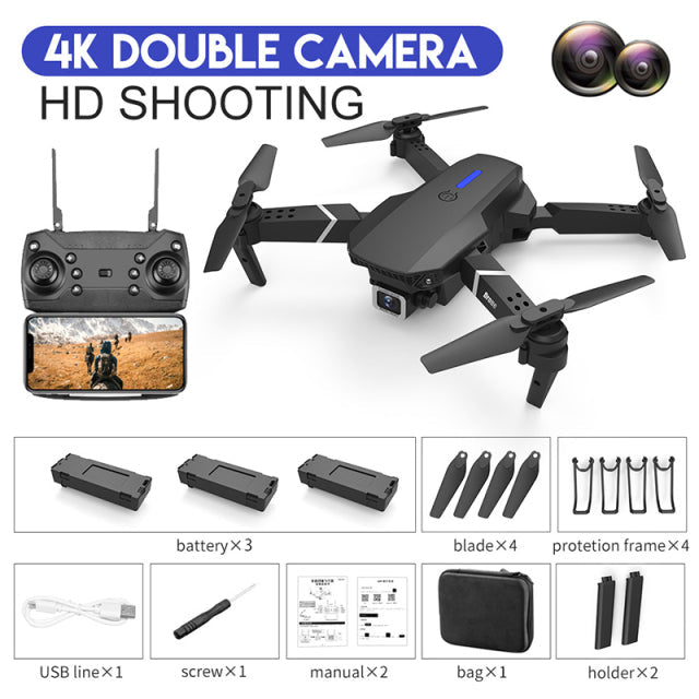 2022 NEW E88 Mini Drone 4K HD Daul Camera With Wifi FPV Portable Foldable Remote Control Drones Rc Quadcopter Camera Dron Toys Dual 4K Black 3B - Tophatter Daily Deals