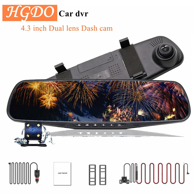 HGDO 4.3''Car DVR Dual Lens Car Camera Full HD 1080P Video Recorder Rearview Mirror With Rear view DVR Dash cam - Tophatter Daily Deals
