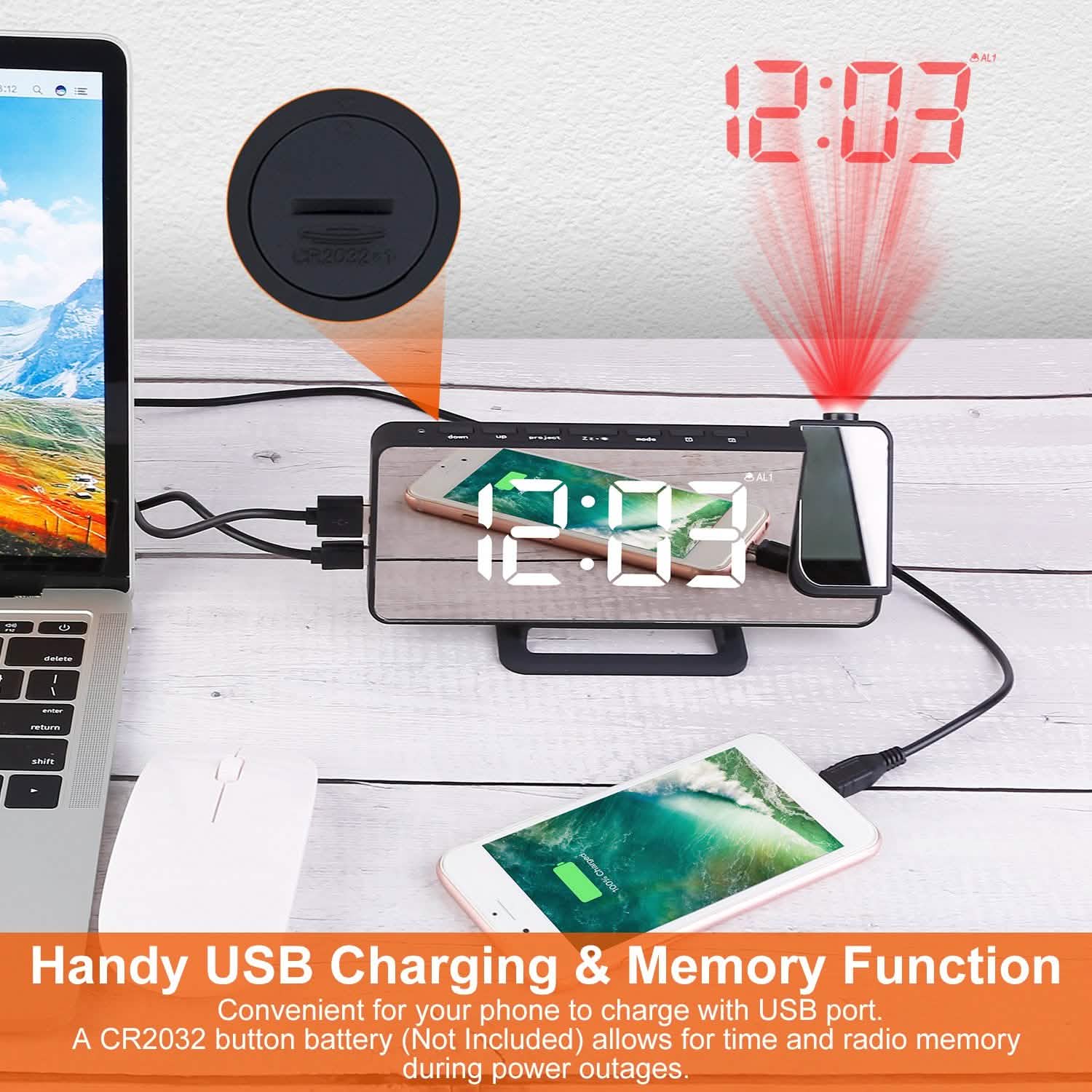 Projection Alarm Clock LED Digital Alarm Clock with Dual Alarms Snooze Household Appliances - Tophatter Daily Deals