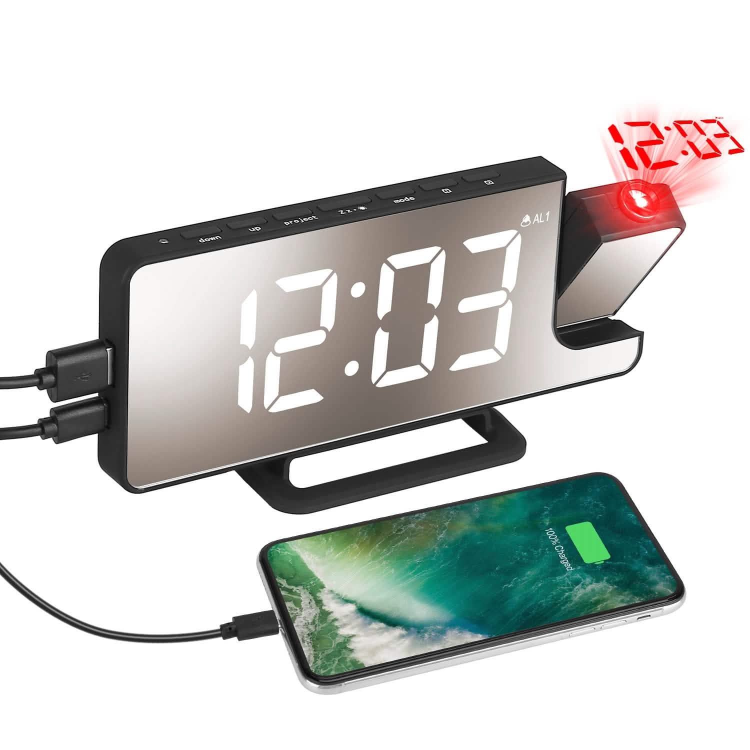 Projection Alarm Clock LED Digital Alarm Clock with Dual Alarms Snooze Household Appliances - Tophatter Daily Deals