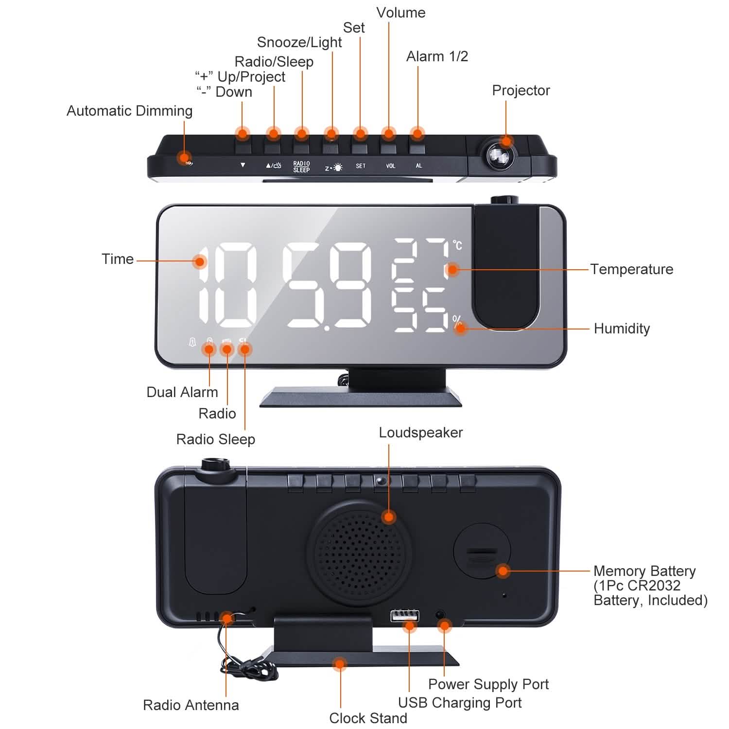 Projection Alarm Clock with Radio Function Household Appliances - Tophatter Daily Deals
