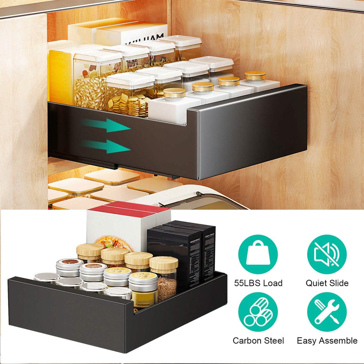 Pull Out Cabinet Organizer Carbon Steel Quiet Slide Rails Kitchen Storage - Tophatter Daily Deals