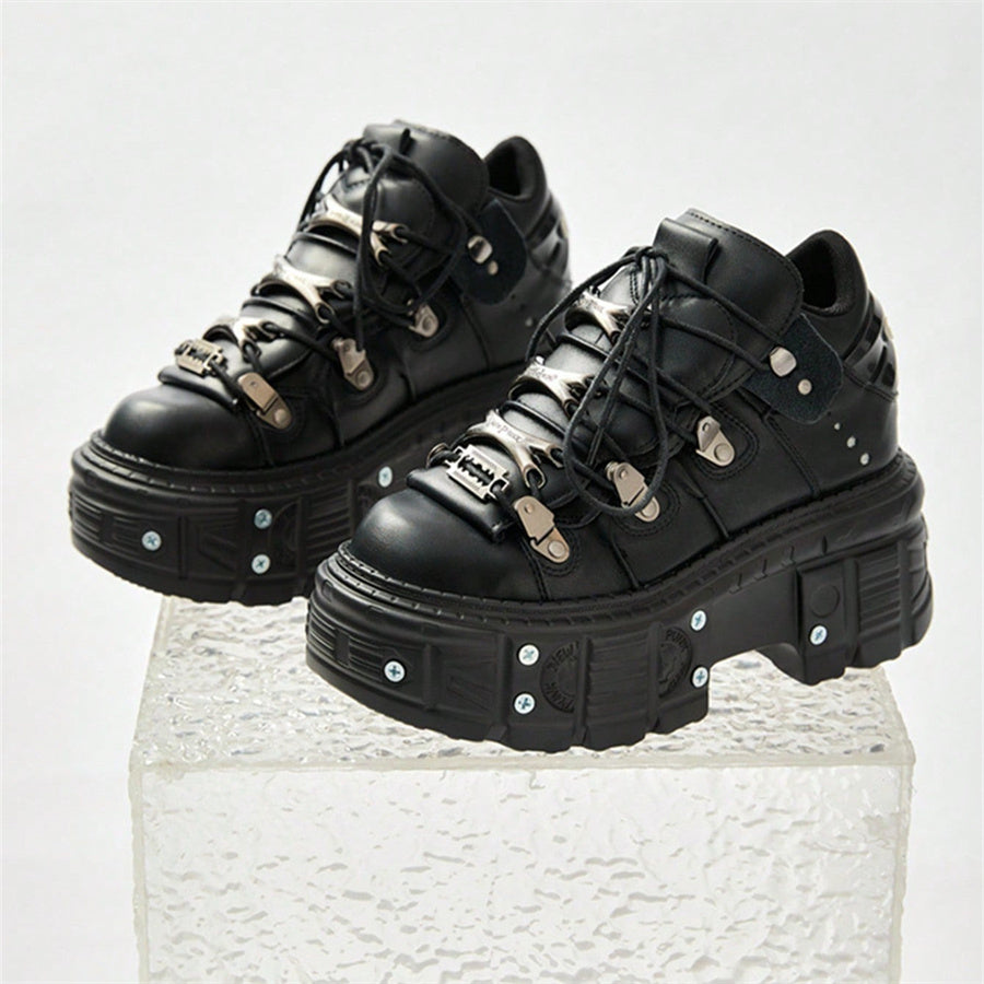 Black rock metal lace-up high-heeled platform shoes Heel Shoes - Tophatter Daily Deals
