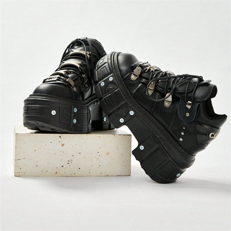 Black rock metal lace-up high-heeled platform shoes Heel Shoes - Tophatter Daily Deals
