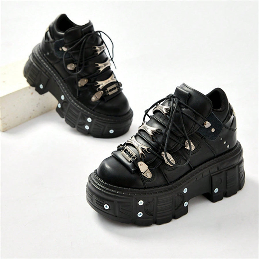 Black rock metal lace-up high-heeled platform shoes Heel Shoes - Tophatter Daily Deals