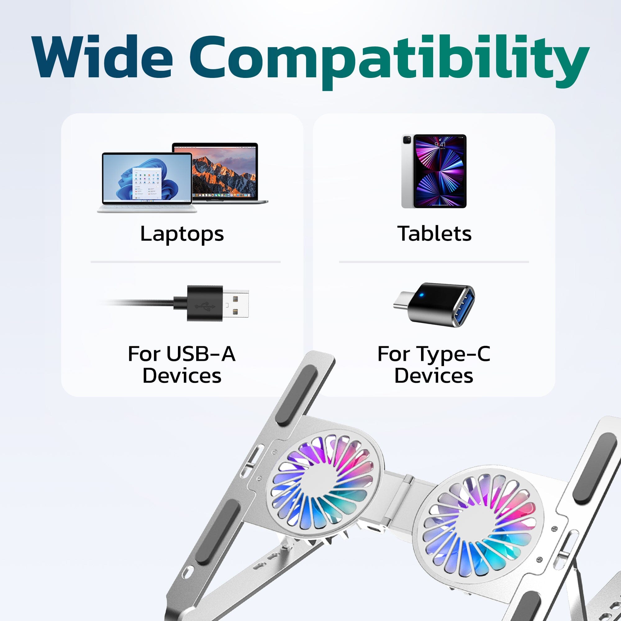 Purely F82 Adjustable Laptop Stand Laptop Cooling Pad Fan Ergonomic Foldable Laptop Holder Cooling Pad - Tophatter Daily Deals