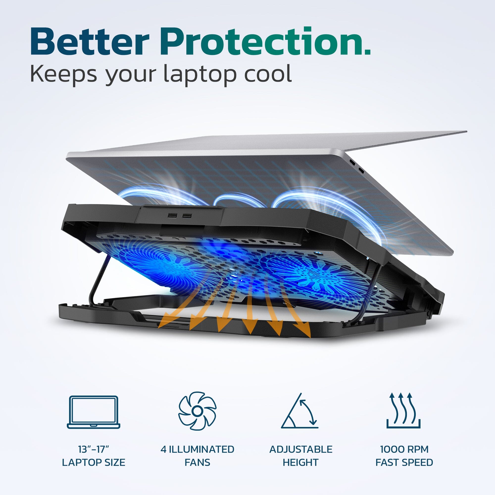Purely Laptop Cooling Pad, 6 Adjustable Height Laptop Stand, 4 Fans: 3 Fan Modes + 6 Speeds, LED Display, 2 USB Ports
