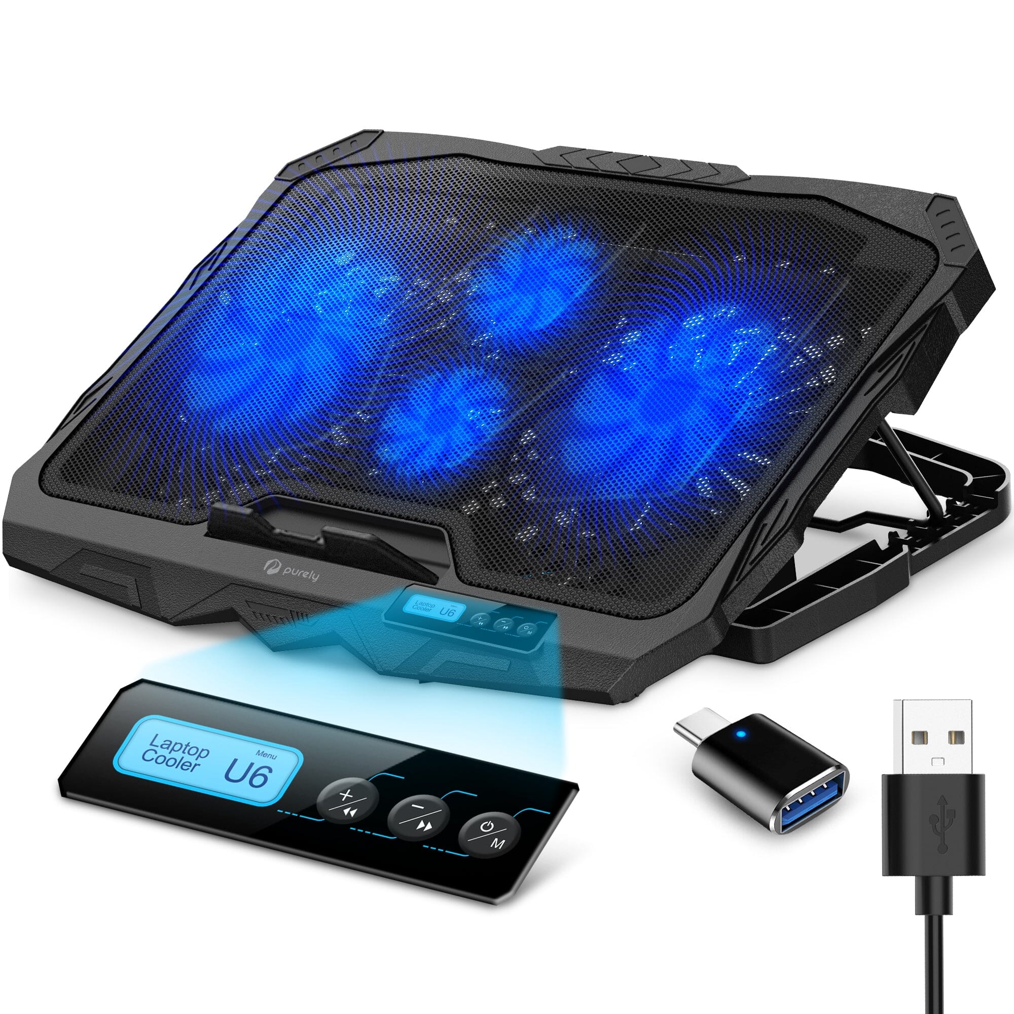 Purely Laptop Cooling Pad, 6 Adjustable Height Laptop Stand, 4 Fans: 3 Fan Modes + 6 Speeds, LED Display, 2 USB Ports Cooling Pad - Tophatter Daily Deals