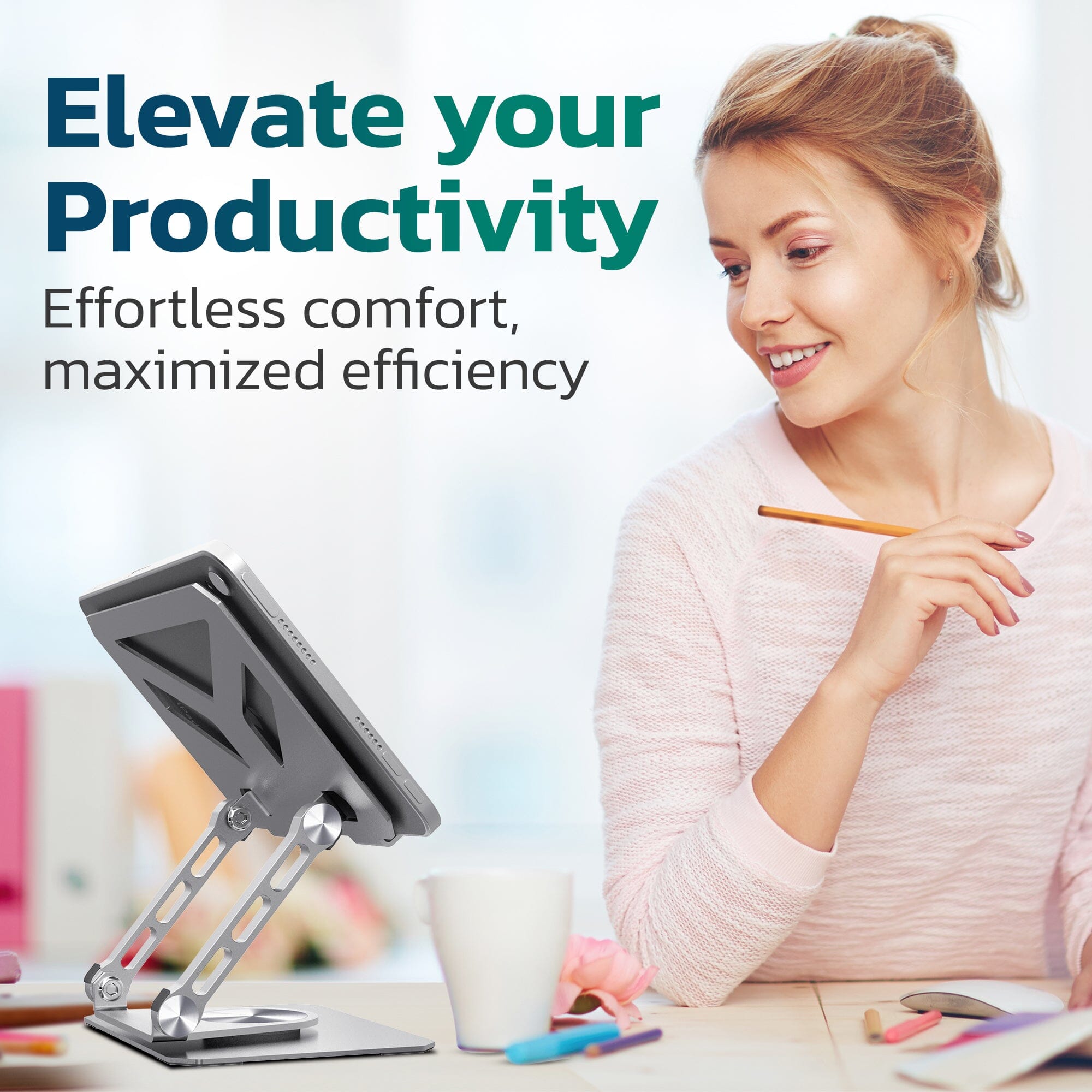 Purely SW60 Swivel Tablet Stand, Aluminum iPad Stand with 360Â° Rotating Base, Adjustable & Foldable Tablet Holder Tablet Holder - Tophatter Daily Deals