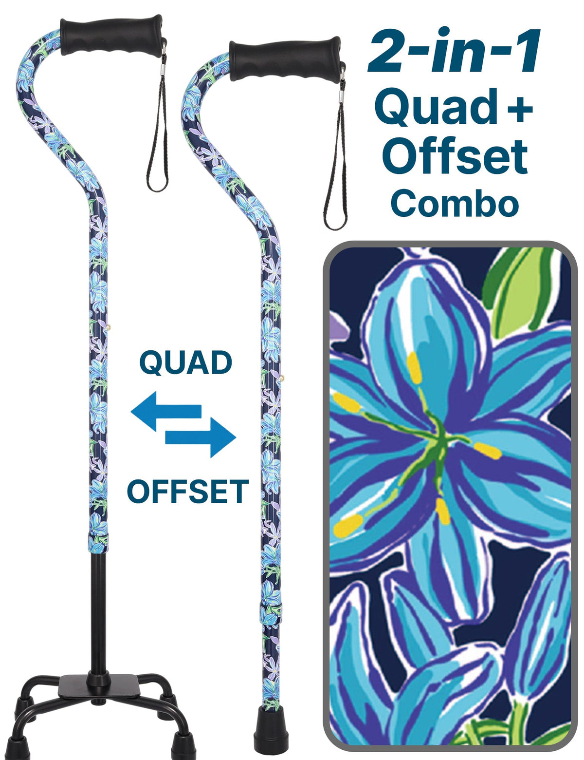 Dark Blue Vivienne May Convertible Quad Base Walking Cane with Comfort Grip - Adjustable Shaft Quad Base Canes - Tophatter Daily Deals