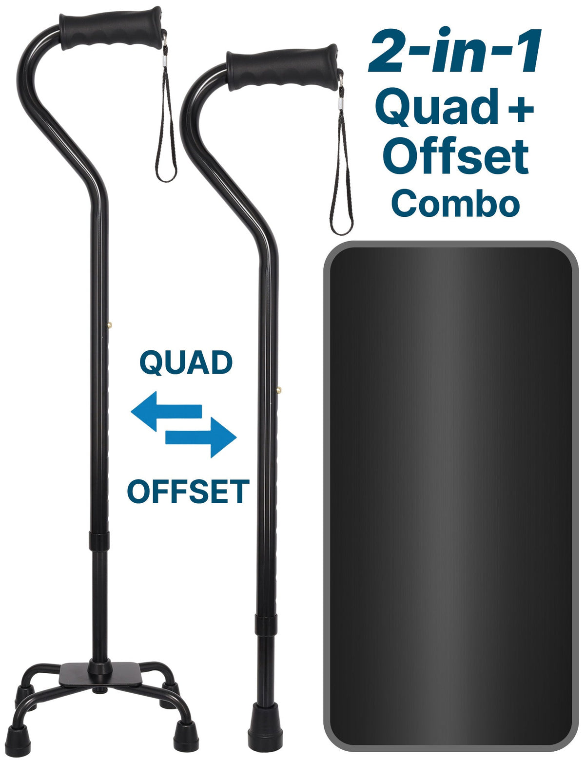 Black Aluminum Convertible Quad Base Walking Cane - Adjustable Shaft Quad Base Canes - Tophatter Daily Deals
