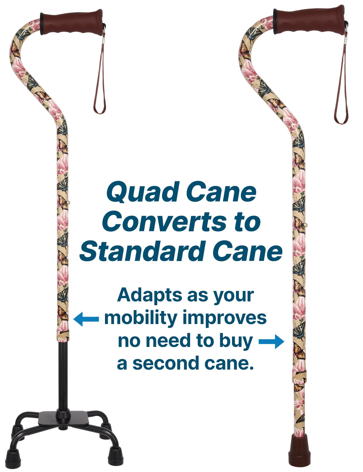 Lily and Butterfly Aluminum Convertible Quad Walking Cane with Comfort Grip - Adjustable Shaft Quad Base Canes - Tophatter Daily Deals