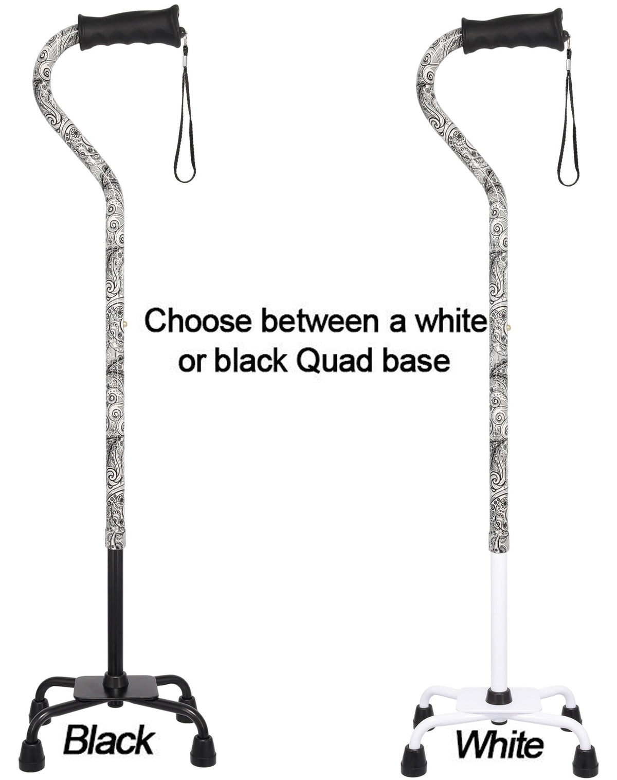Black and White Convertible Quad Base Walking Cane with Comfort Grip - Adjustable Shaft Quad Base Canes - Tophatter Daily Deals
