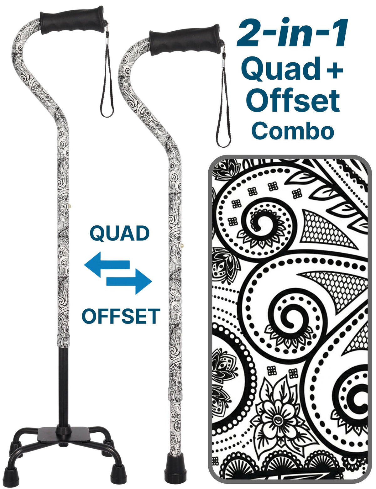 Black and White Convertible Quad Base Walking Cane with Comfort Grip - Adjustable Shaft Quad Base Canes - Tophatter Daily Deals
