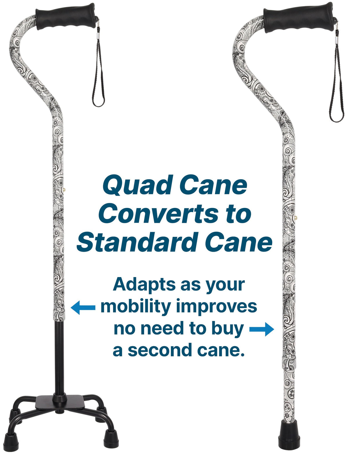 Black and White Convertible Quad Base Walking Cane with Comfort Grip - Adjustable Shaft Quad Base Canes - Tophatter Daily Deals