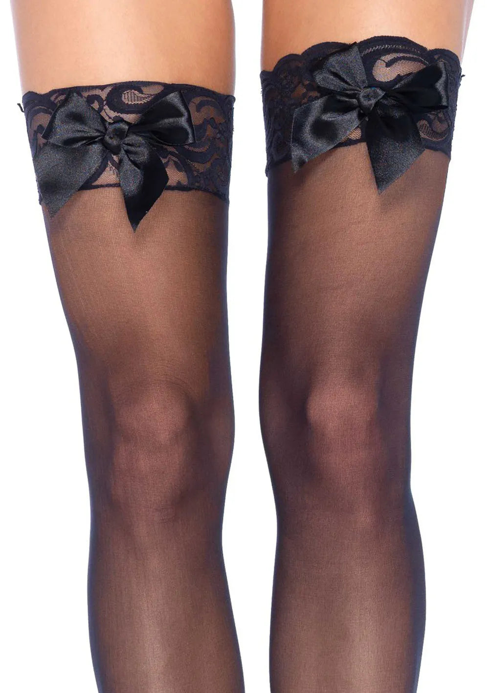 Sheer Lace Top Thigh Highs (Black) – Satin Bow Accent Lingerie > Clothes > Hosiery > Stockings - Tophatter Daily Deals