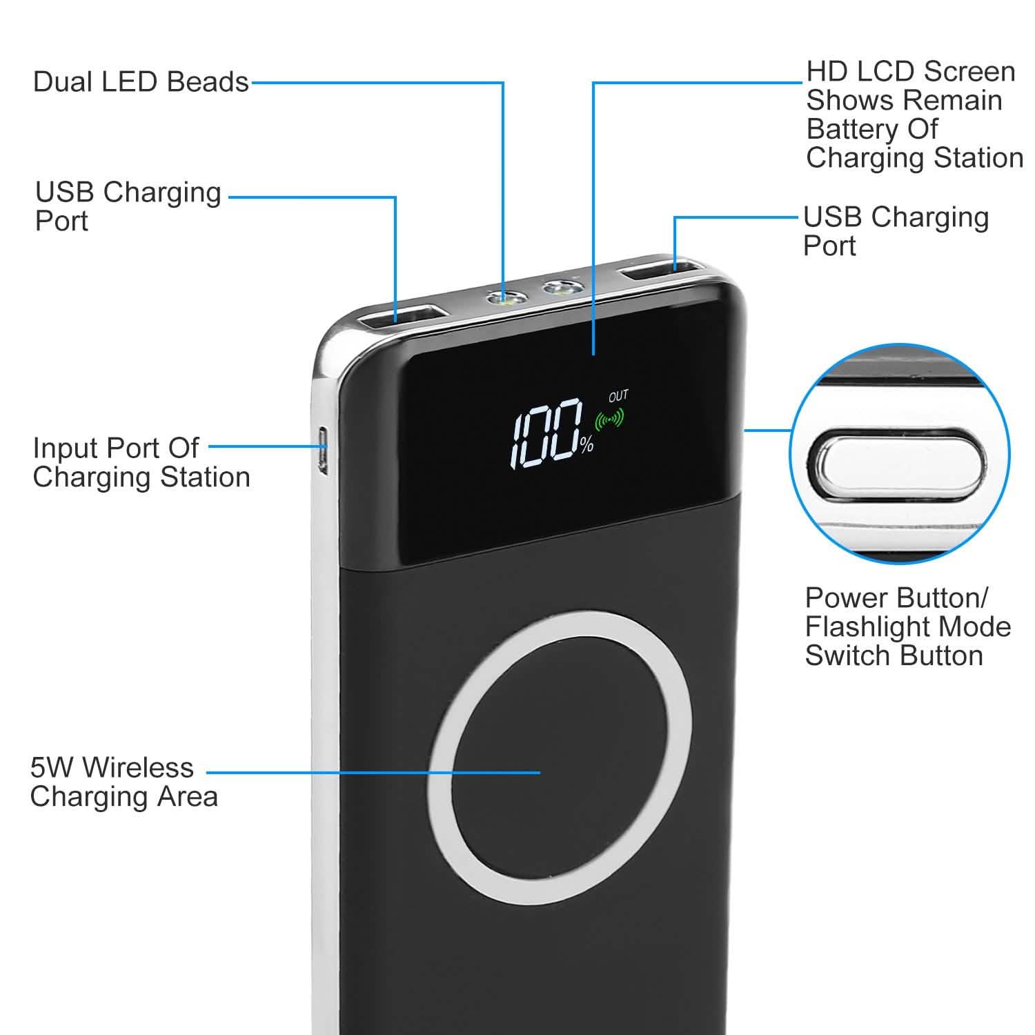 Qi Wireless Station 10000mAh Powerbank with 4 Modes Flashlight Mobile Accessories - Tophatter Daily Deals