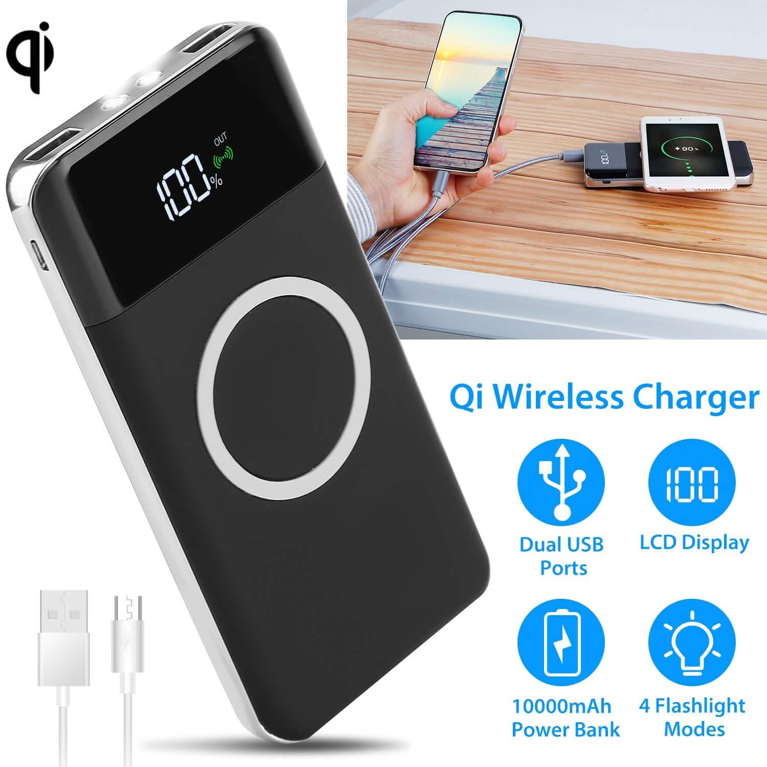 Qi Wireless Station 10000mAh Powerbank with 4 Modes Flashlight Mobile Accessories - Tophatter Daily Deals