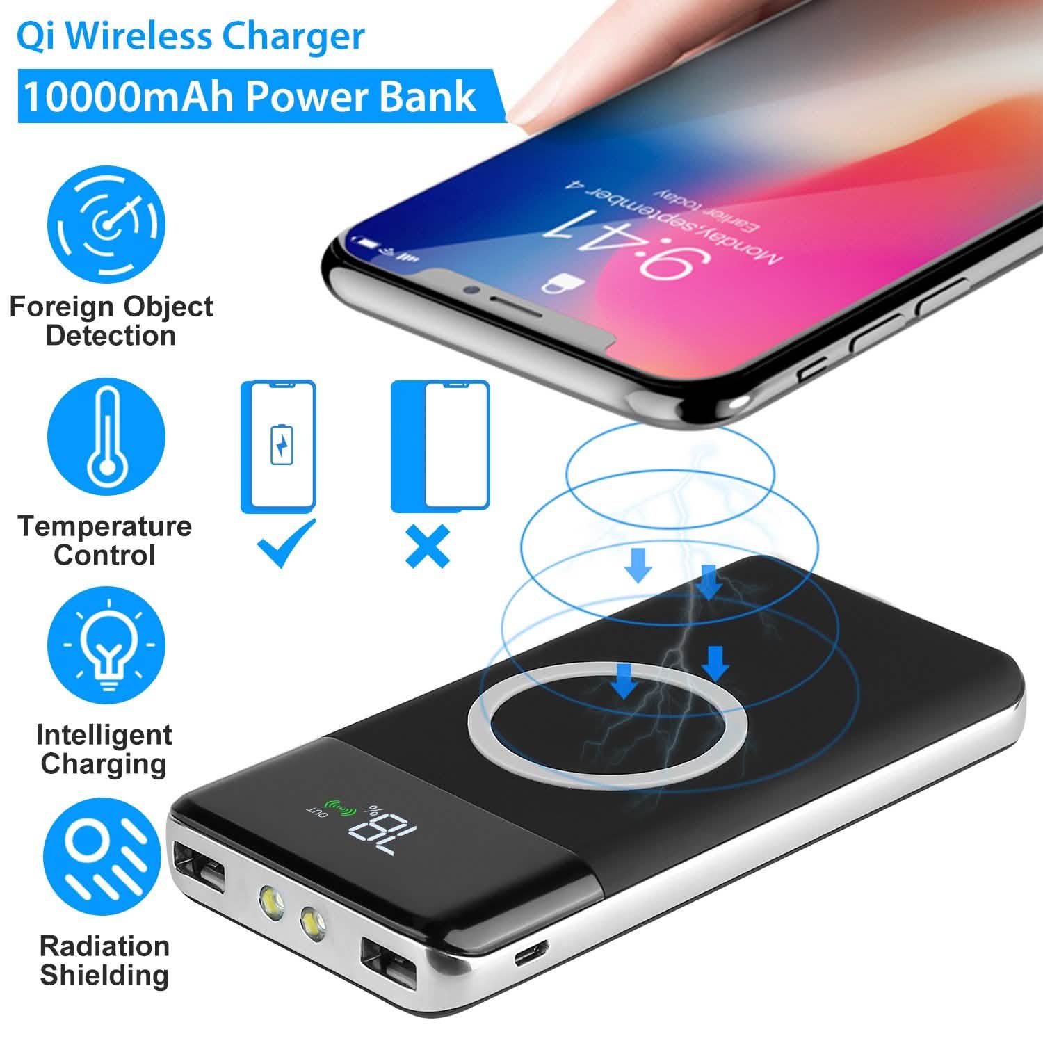 Qi Wireless Station 10000mAh Powerbank with 4 Modes Flashlight Mobile Accessories - Tophatter Daily Deals