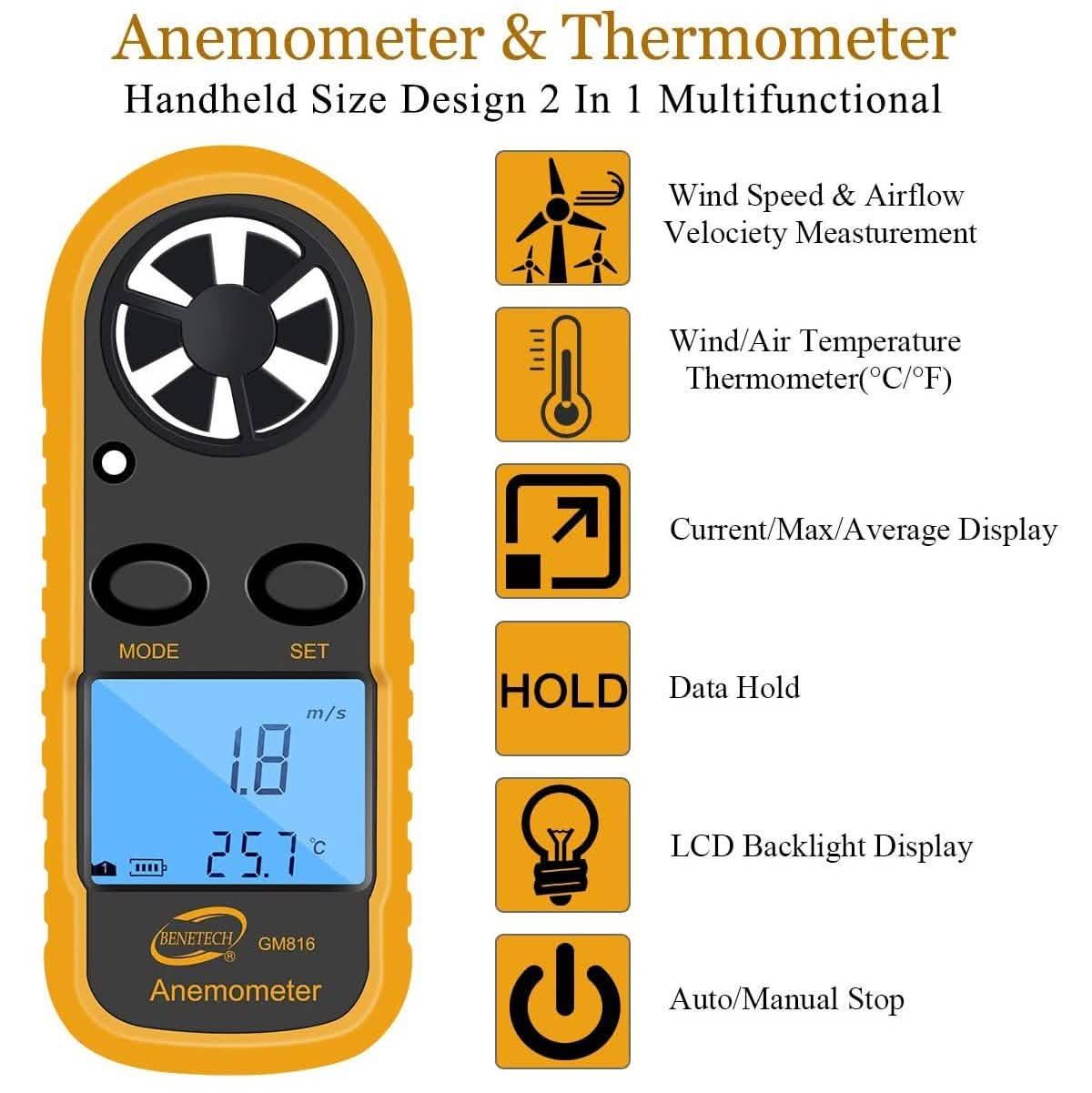 Qotone GM816 Digital Anemometer Wind-Speed Gauge Meter Outdoor Recreation - Tophatter Daily Deals