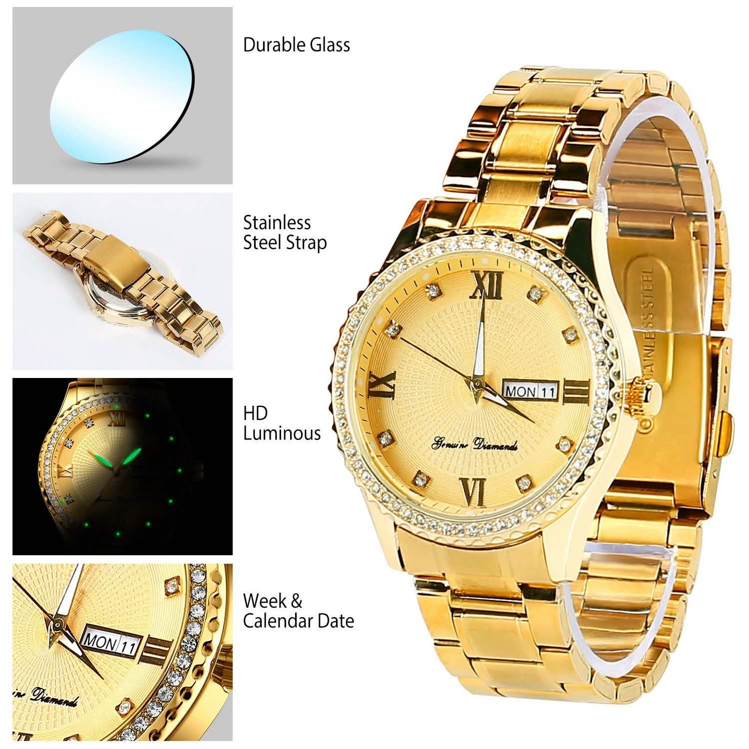 Quartz Watch Luxury Crystal Rhinestone Gold Steel Watches - Tophatter Daily Deals