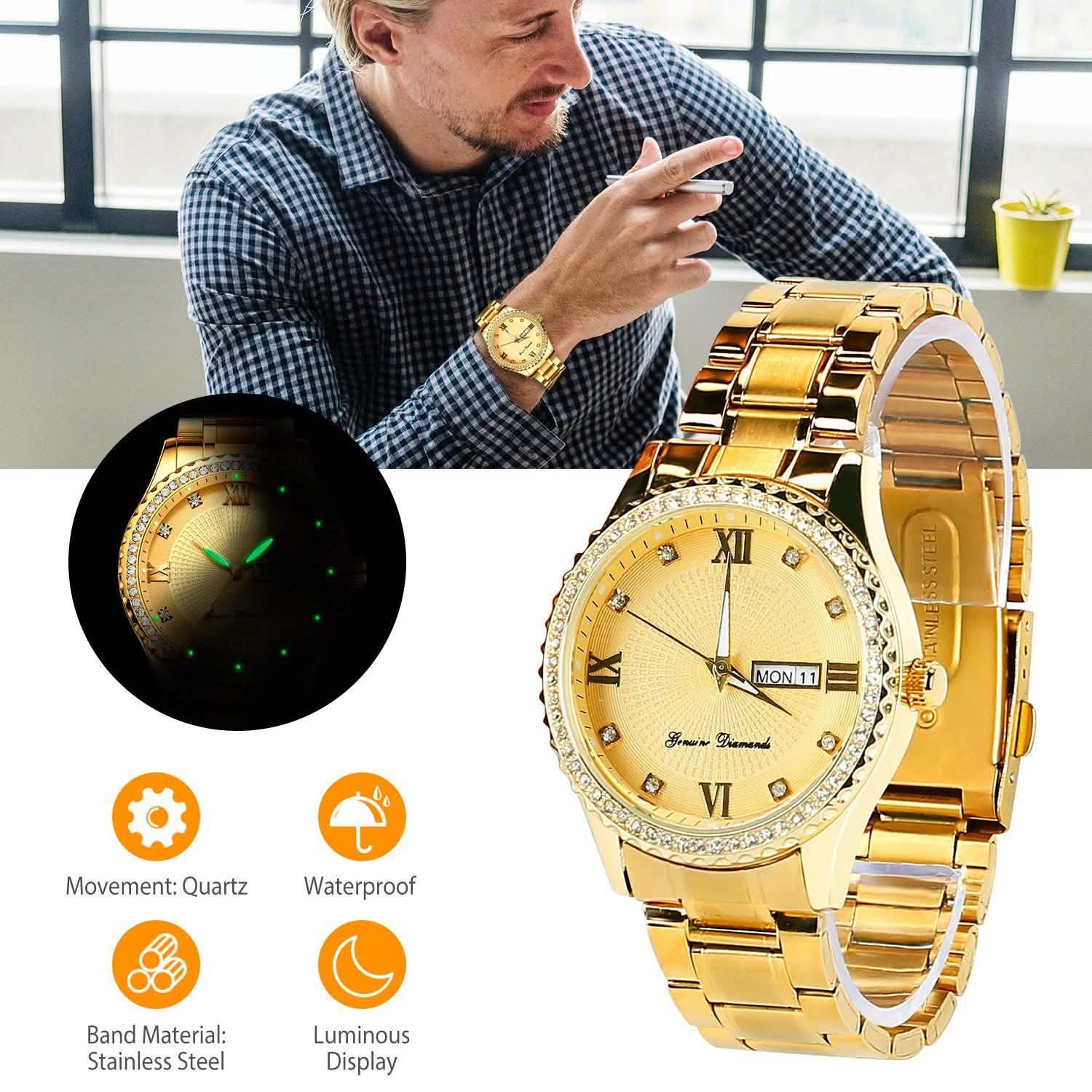 Quartz Watch Luxury Crystal Rhinestone Gold Steel Watches - Tophatter Daily Deals