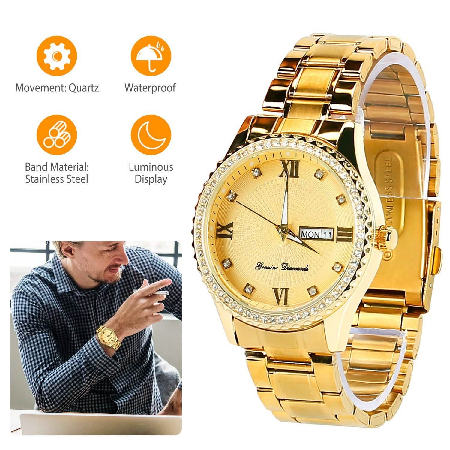Quartz Watch Luxury Crystal Rhinestone Gold Steel Watches - Tophatter Daily Deals
