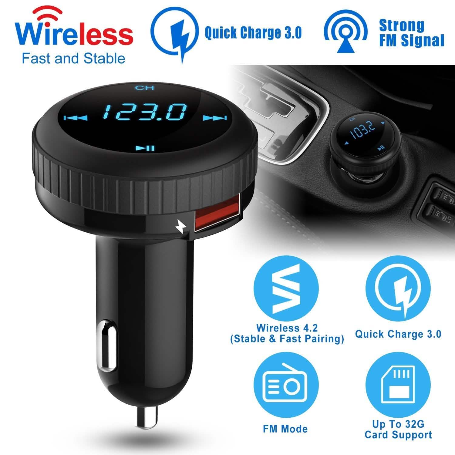 Quick Charge 3.0 Car Charger Wireless 4.2 FM Transmitter 23W 3A Dual USB Automotive - Tophatter Daily Deals