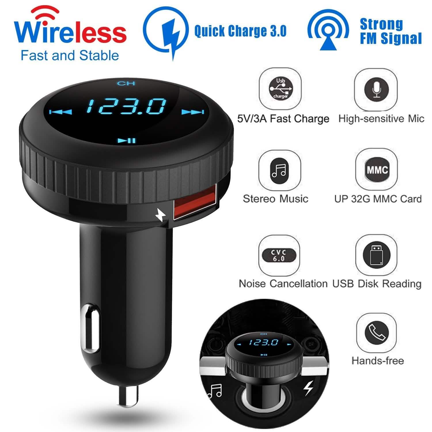 Quick Charge 3.0 Car Charger Wireless 4.2 FM Transmitter 23W 3A Dual USB Automotive - Tophatter Daily Deals