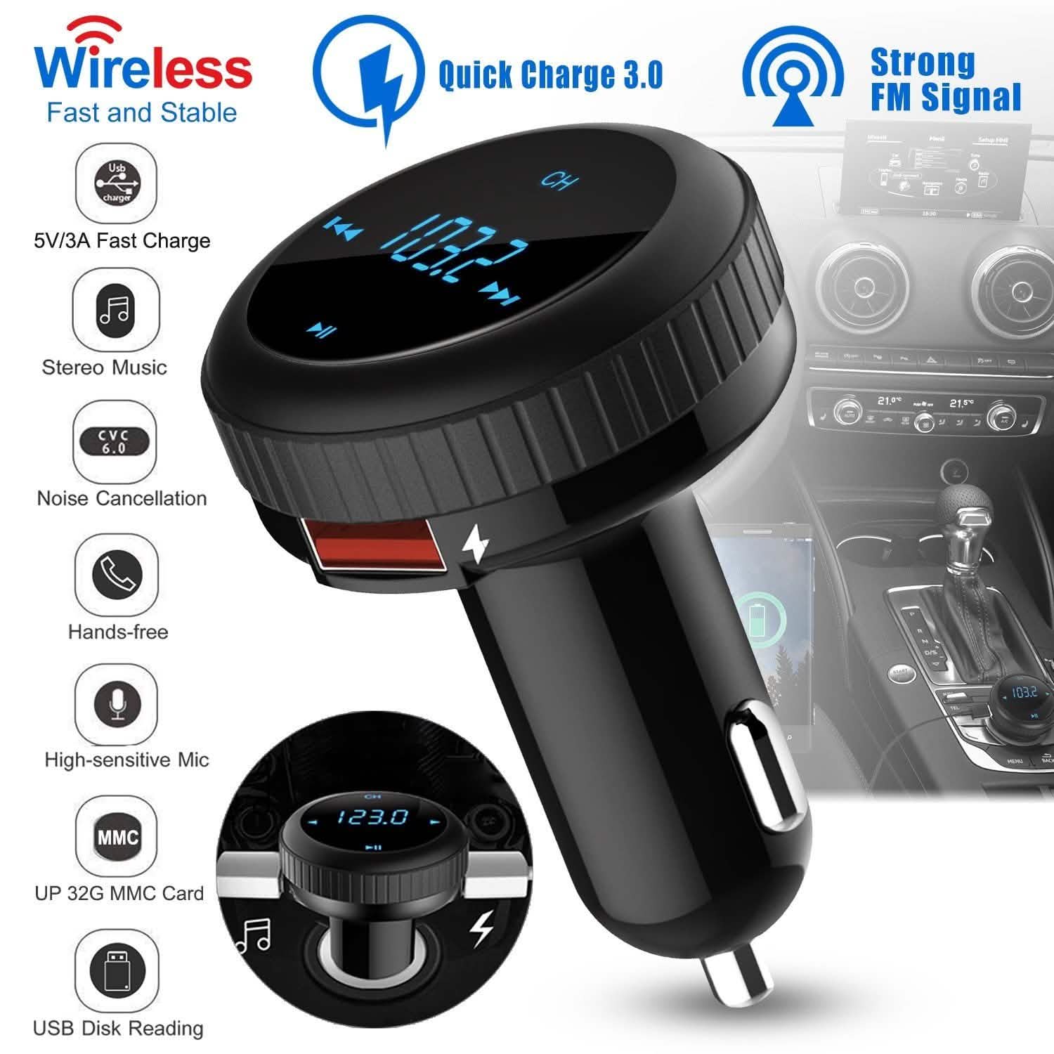 Quick Charge 3.0 Car Charger Wireless 4.2 FM Transmitter 23W 3A Dual USB Automotive - Tophatter Daily Deals
