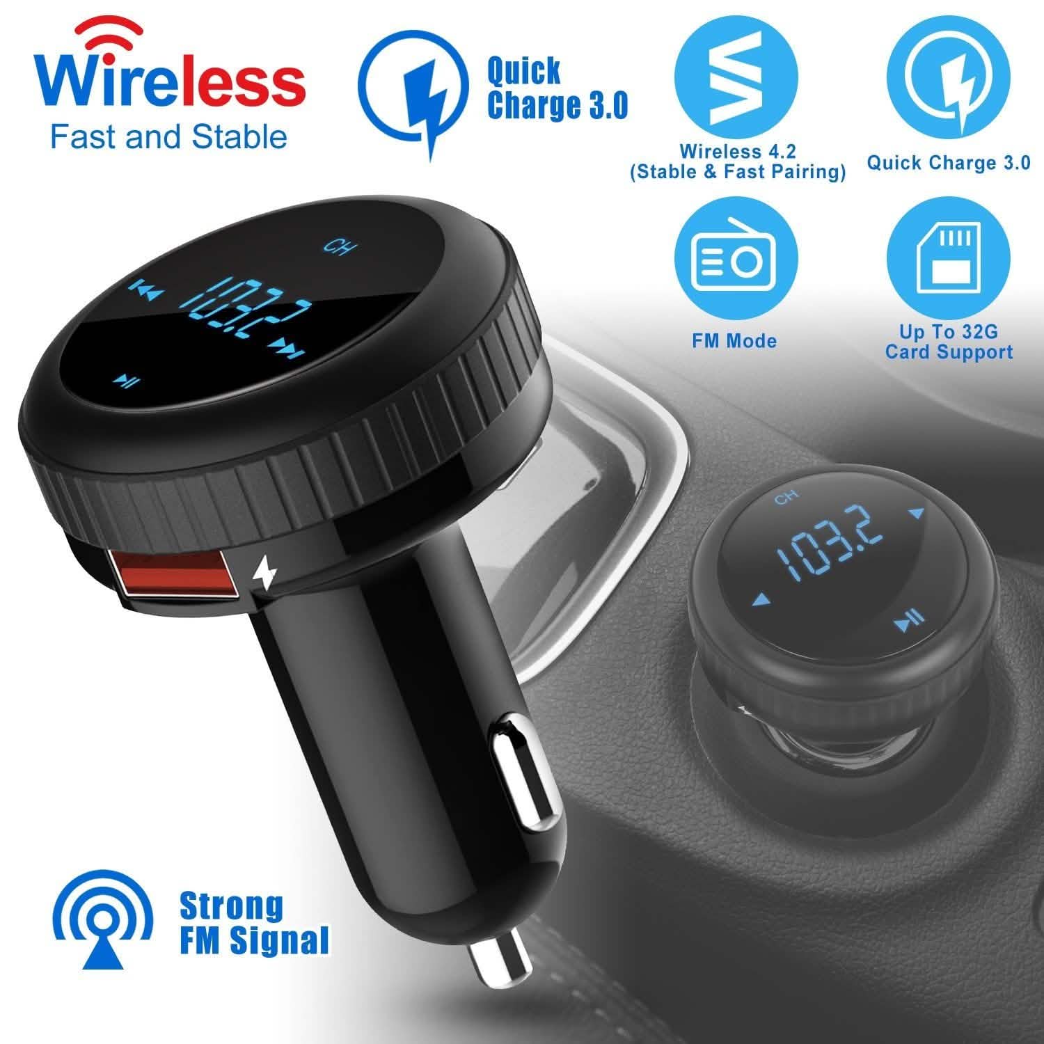Quick Charge 3.0 Car Charger Wireless 4.2 FM Transmitter 23W 3A Dual USB Automotive - Tophatter Daily Deals