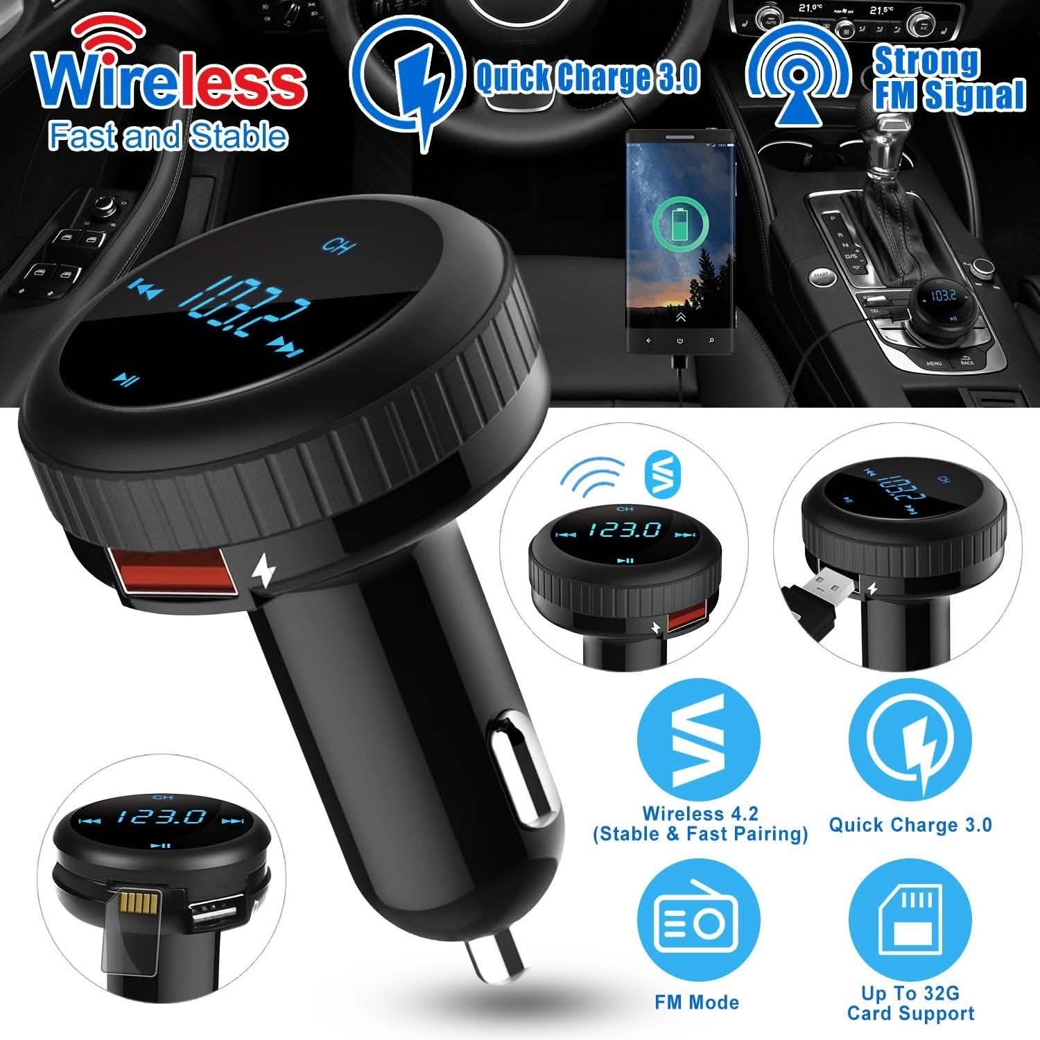 Quick Charge 3.0 Car Charger Wireless 4.2 FM Transmitter 23W 3A Dual USB Automotive - Tophatter Daily Deals