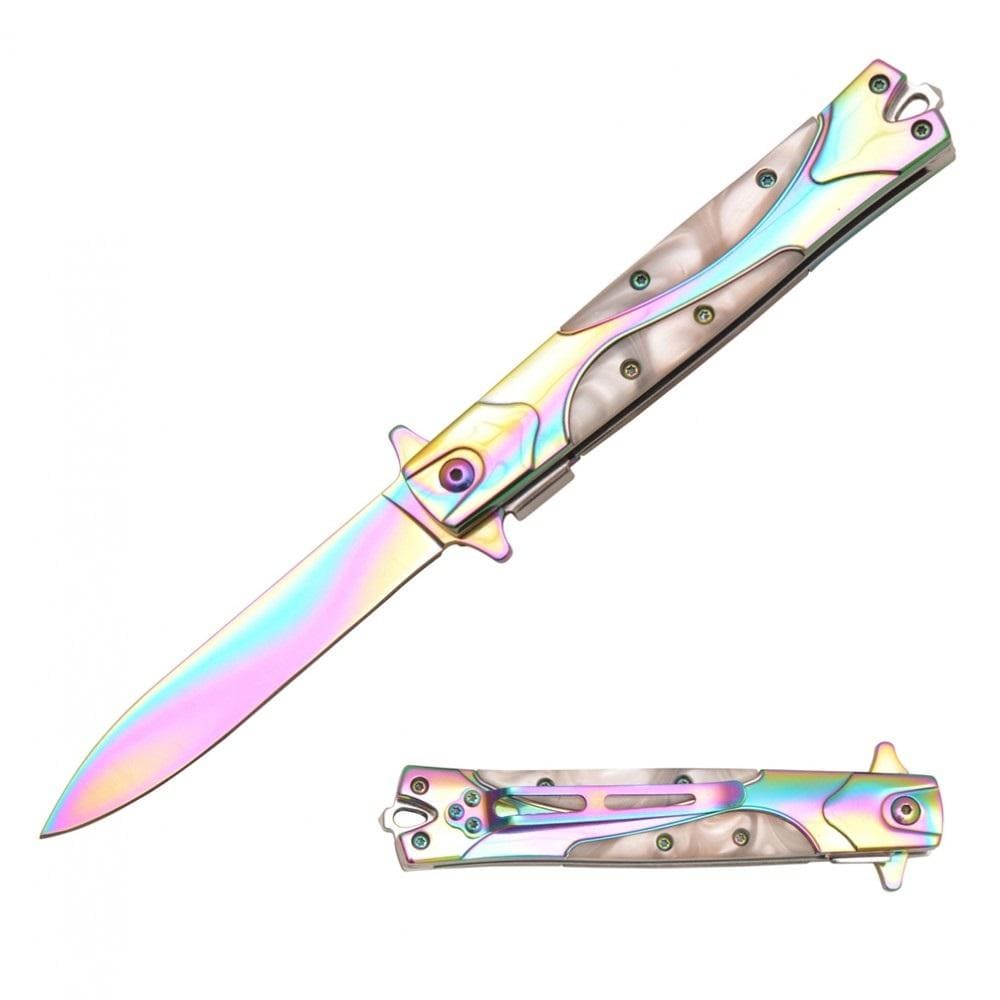 Rainbow Pearl Stiletto Folding Self-Defense Knife Knives & Knuckles - Tophatter Daily Deals