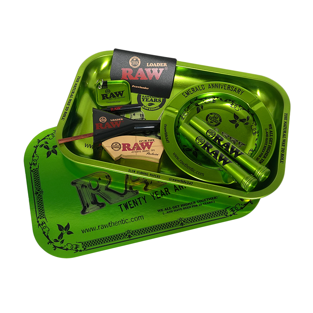 RAW 20th Anniversary Emerald Smoker's Kit Rolling Trays - Tophatter Daily Deals