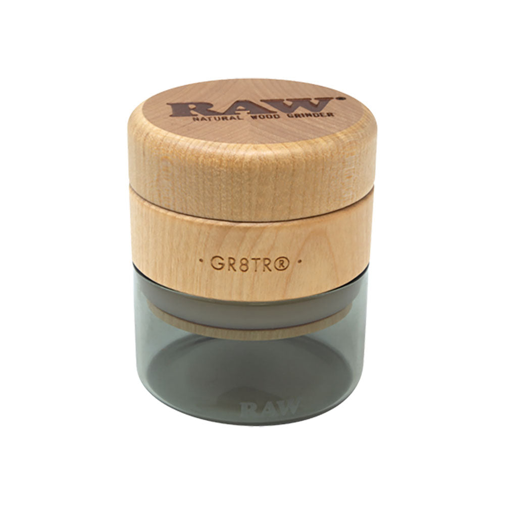 RAW Natural Wood Grinder & Stash Jar Transparent Gray Glass Grinders - Tophatter Daily Deals