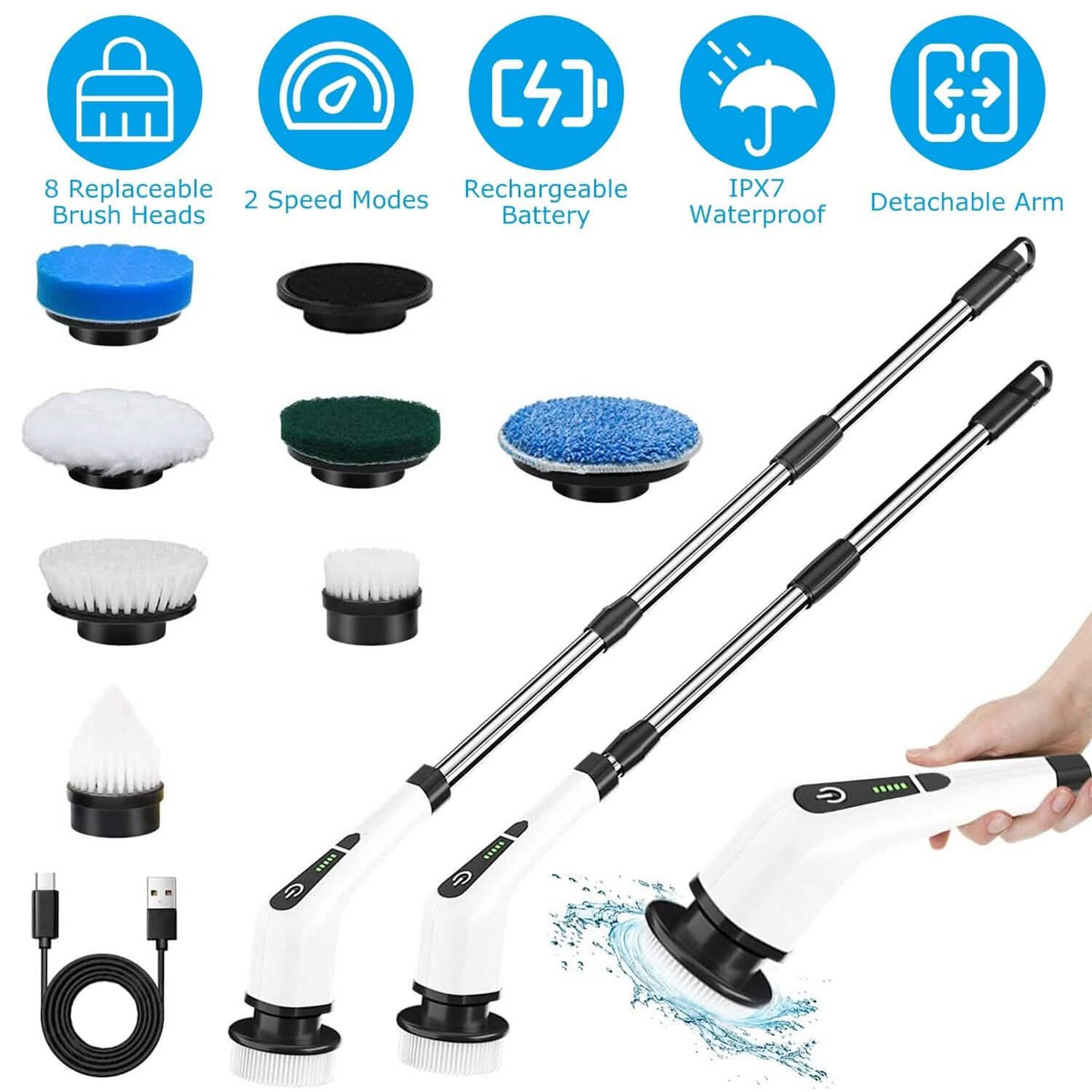 Rechargeable Electric Spin Scrubber 8 Brush Replaceable Heads 2 Speed Household Appliances - Tophatter Daily Deals