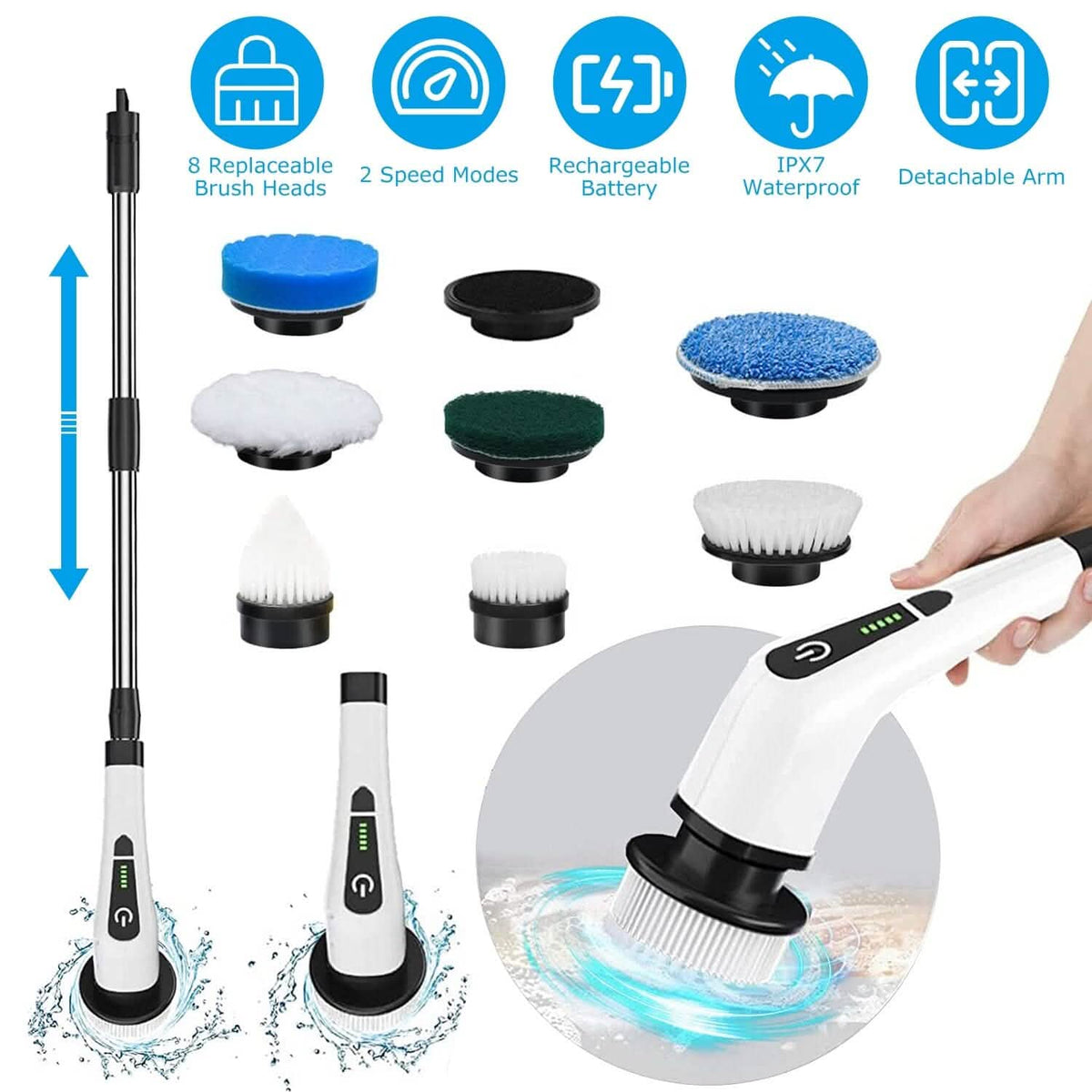 Rechargeable Electric Spin Scrubber 8 Brush Replaceable Heads 2 Speed Household Appliances - Tophatter Daily Deals