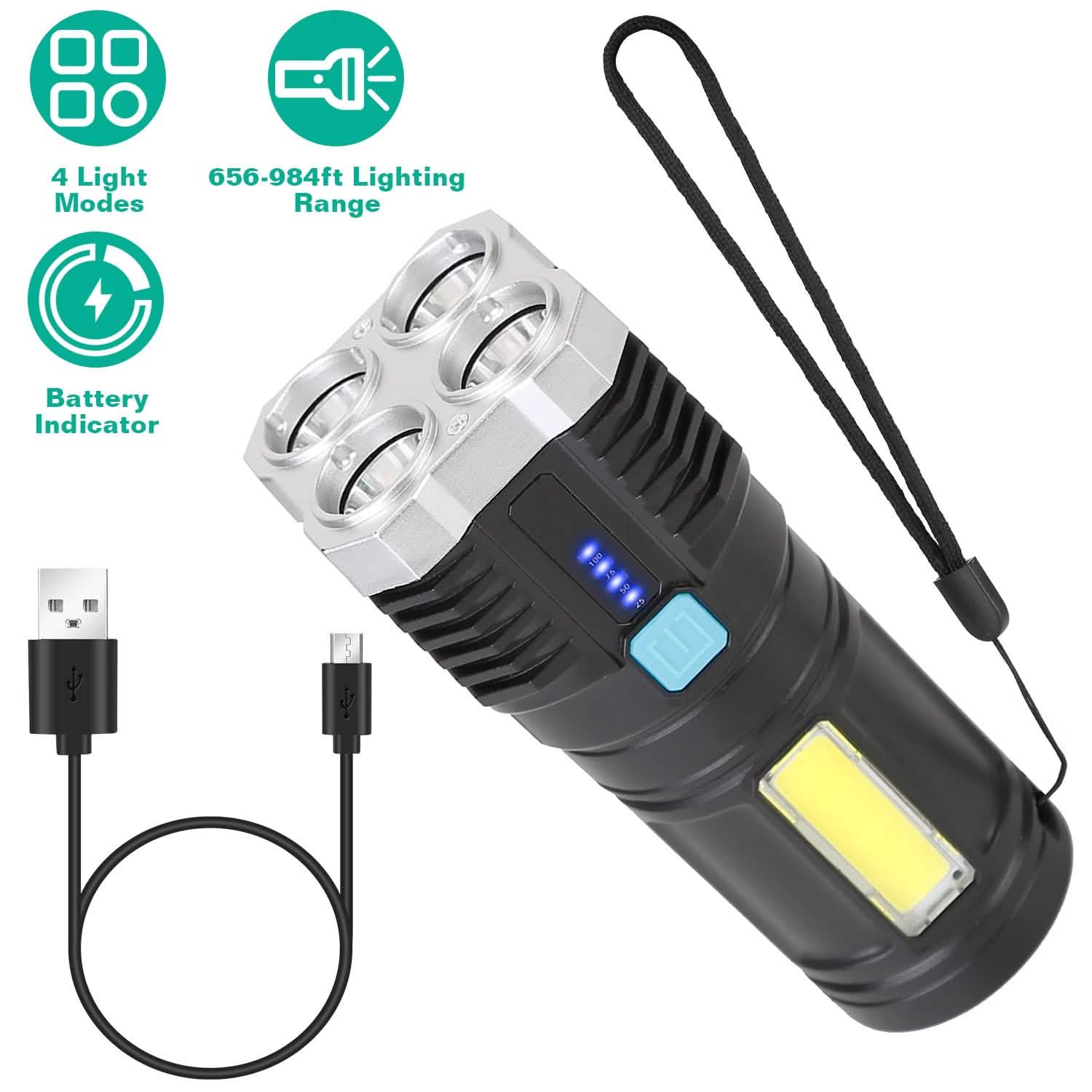 Rechargeable Flashlight LED Floodlight Torch with Strap Super Bright Flashlight Outdoor Recreation - Tophatter Daily Deals
