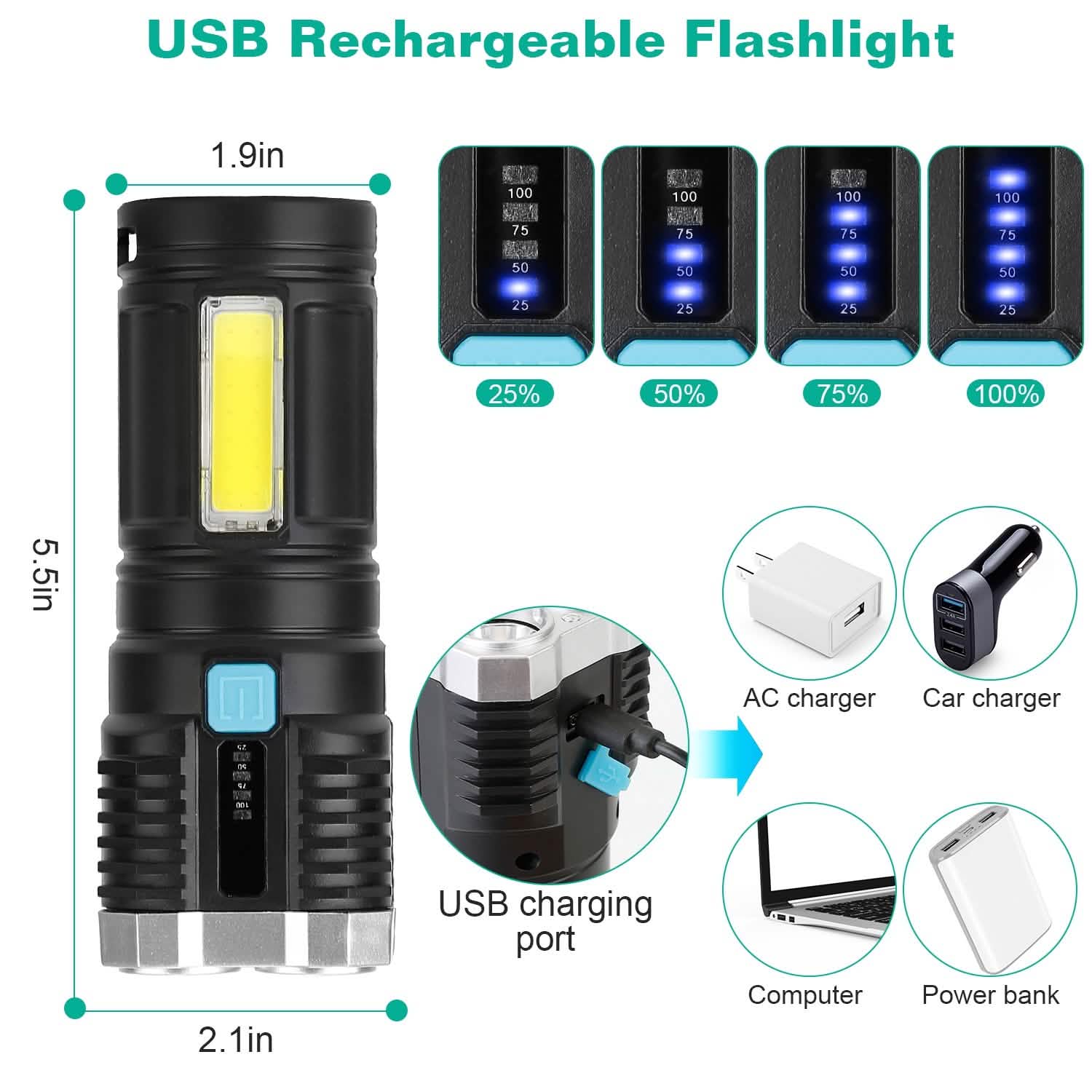Rechargeable Flashlight LED Floodlight Torch with Strap Super Bright Flashlight Outdoor Recreation - Tophatter Daily Deals