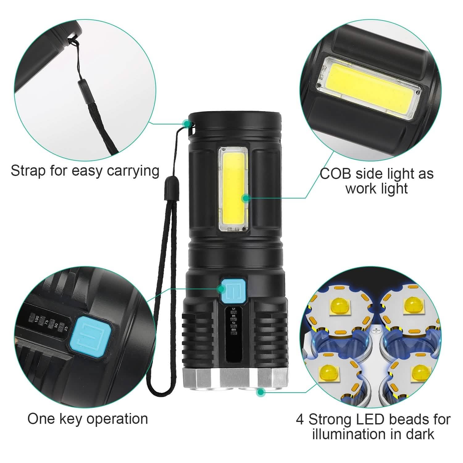Rechargeable Flashlight LED Floodlight Torch with Strap Super Bright Flashlight Outdoor Recreation - Tophatter Daily Deals