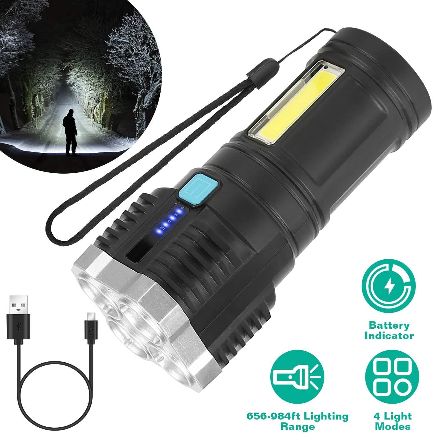 Rechargeable Flashlight LED Floodlight Torch with Strap Super Bright Flashlight Outdoor Recreation - Tophatter Daily Deals