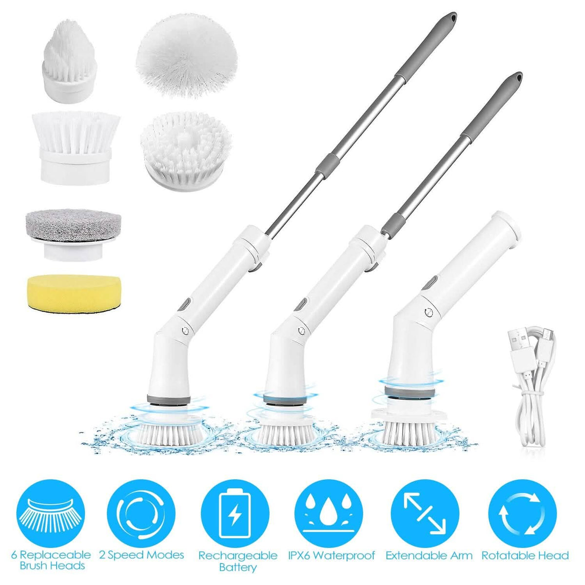 Rechargeable Telescopic Cleaning Brush 6 Replaceable Heads 2 Speed Adjustable Extension Arm Household Appliances - Tophatter Daily Deals