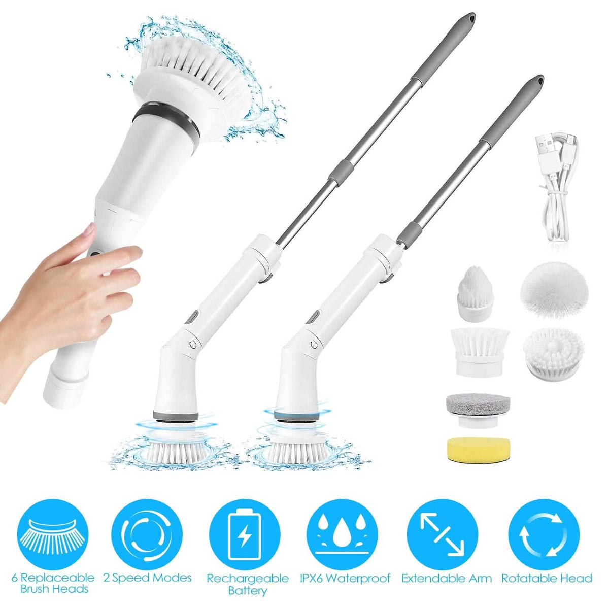 Rechargeable Telescopic Cleaning Brush 6 Replaceable Heads 2 Speed Adjustable Extension Arm Household Appliances - Tophatter Daily Deals
